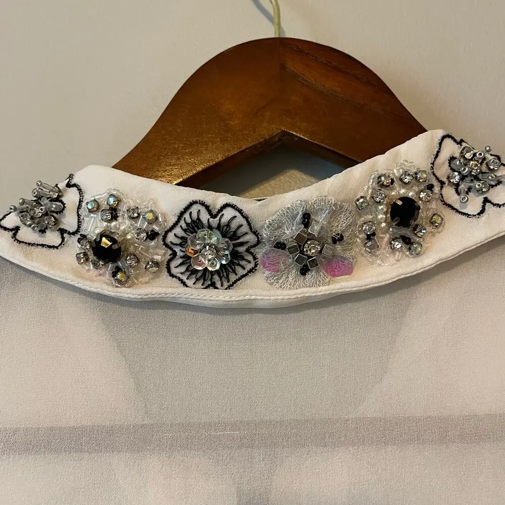 Milly Jane Silk Crepe Sleeveless Blouse cream embellished collar sz 2 - Picture 8 of 15